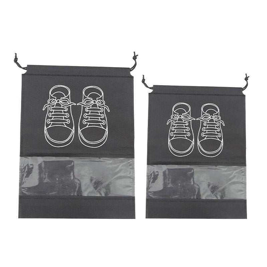 50-Pack Shoe Storage Bags in two black sizes with white sneaker drawings, clear windows and drawstring closures