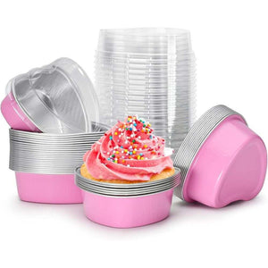 50PCS 3.5oz/100ml Mini Heart Cake Pans in pink aluminum foil, with heart-shaped cups and clear lids