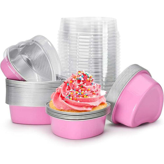 50PCS 3.5oz/100ml Mini Heart Cake Pans in pink aluminum foil, with heart-shaped cups and clear lids