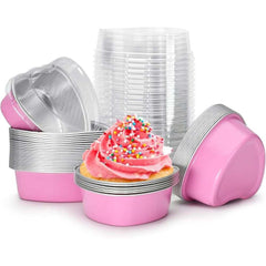 Mini Heart Foil Cake Pans with Lids – Pink, 100 ml, 50 Pack