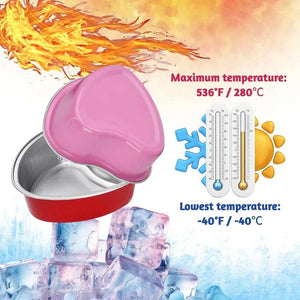 50PCS 3.5oz/100ml Mini Heart Cake Pans in red and silver foil, with a pink heart-shaped lid and temperature range graphic
