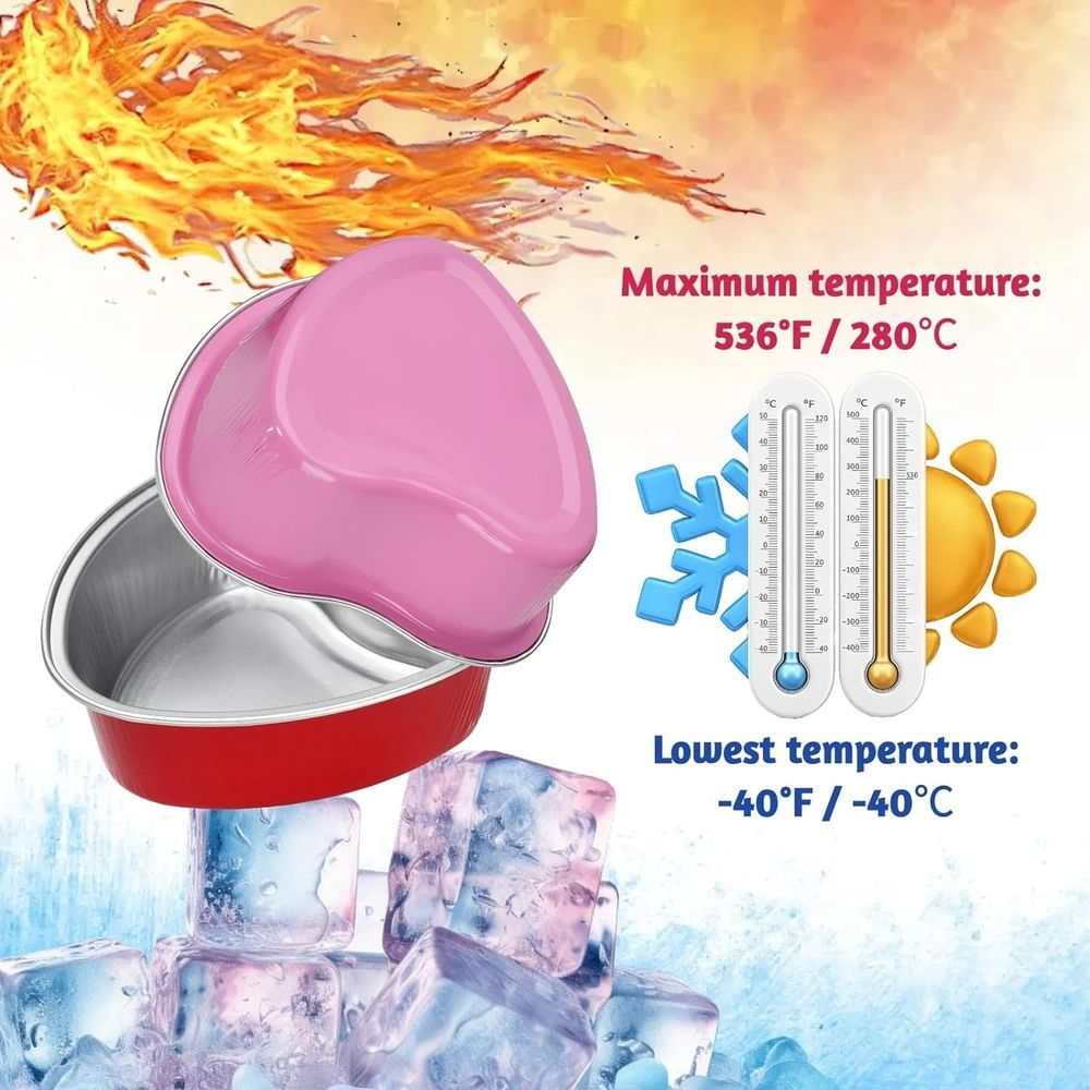 50PCS 3.5oz/100ml Mini Heart Cake Pans in red and silver foil, with a pink heart-shaped lid and temperature range graphic