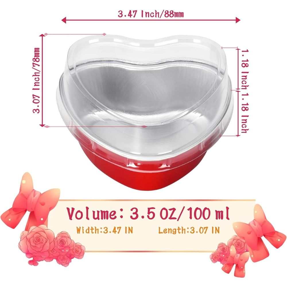 50PCS 3.5oz/100ml Mini Heart Cake Pans in red aluminum foil with a clear heart-shaped lid and 100 ml capacity