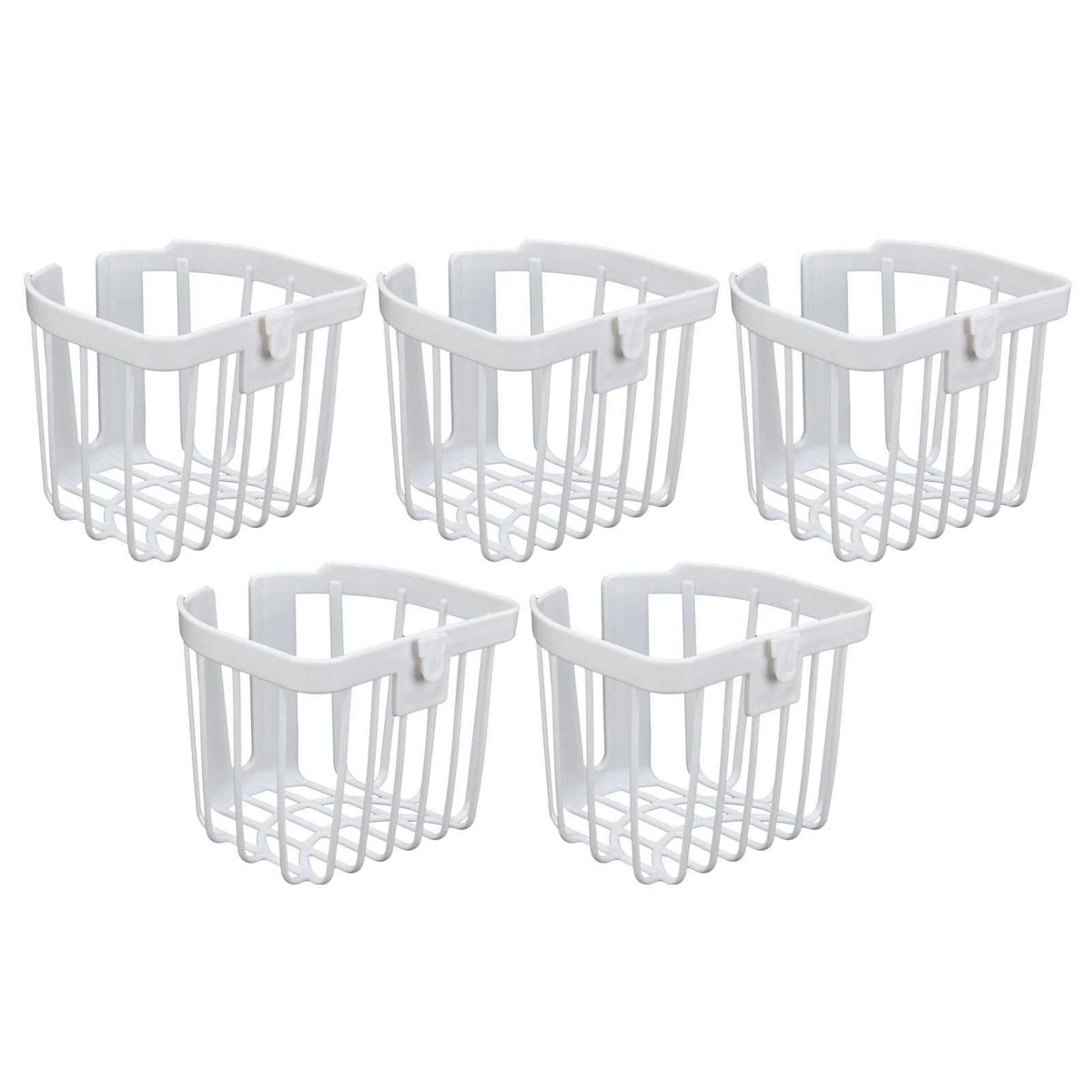 5pcs Hollow Tissue Box Holder set in white plastic, featuring five open wire-style baskets with adhesive wall-mount tabs