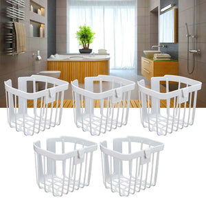 5pcs Hollow Tissue Box Holder set in white plastic, with five open wire-frame baskets and adhesive wall-mount tabs