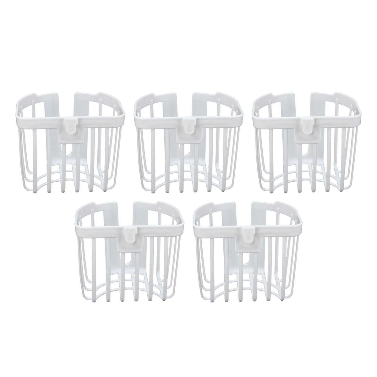 5pcs Hollow Tissue Box Holder set of five white plastic openwork baskets with slatted sides and adhesive tabs