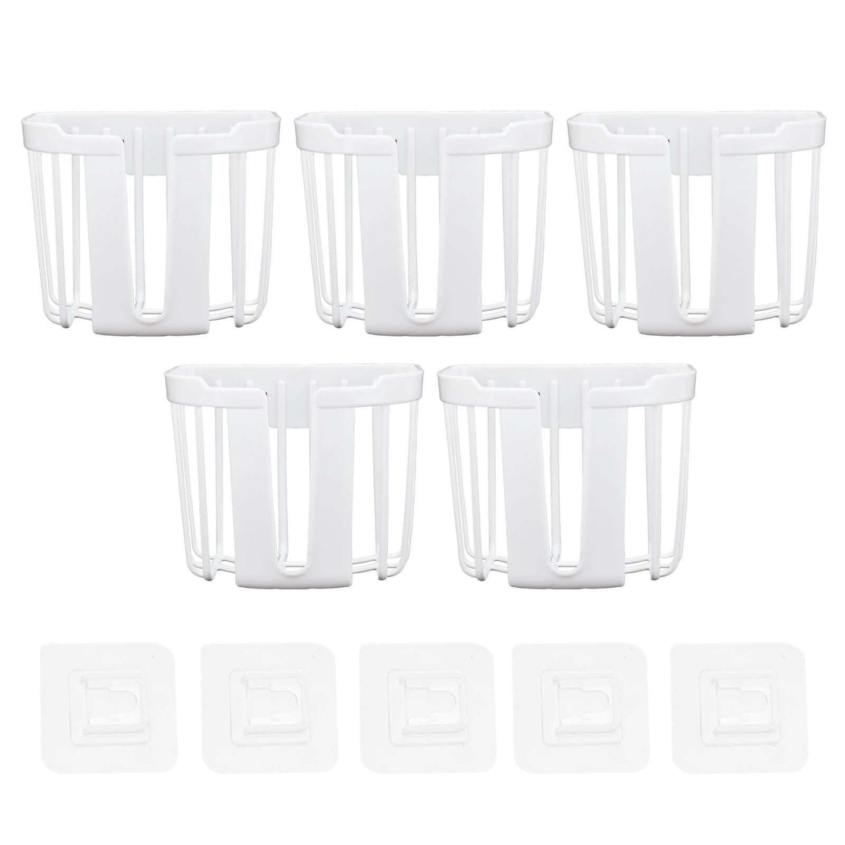 5pcs Hollow Tissue Box Holder set in white plastic, featuring five open-frame holders and adhesive mounting pads