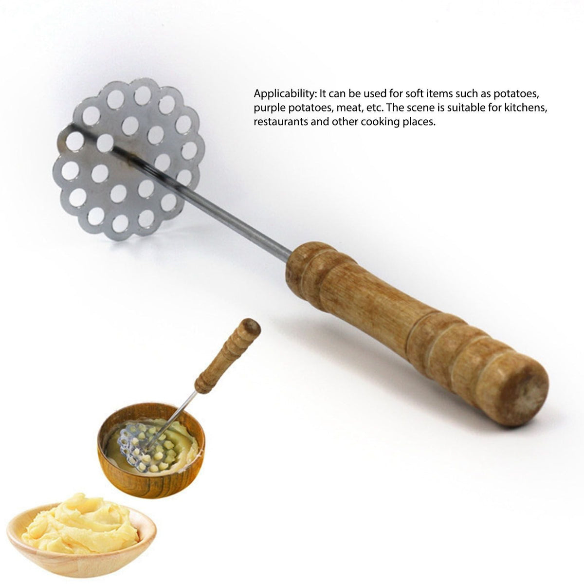 5pcs Potato Masher with a round perforated metal mashing plate, long steel shaft and turned wooden handle