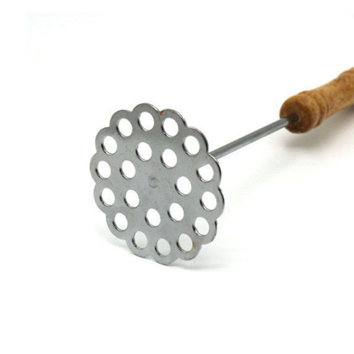 5pcs Potato Masher with a round perforated stainless steel head, metal shaft and light brown wooden handle