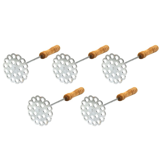 5pcs Potato Masher set with five polished silver metal heads featuring oval holes and textured wooden handles