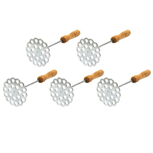 5pcs Potato Masher set with round perforated stainless steel heads and natural wood handles for smooth, sturdy mashing