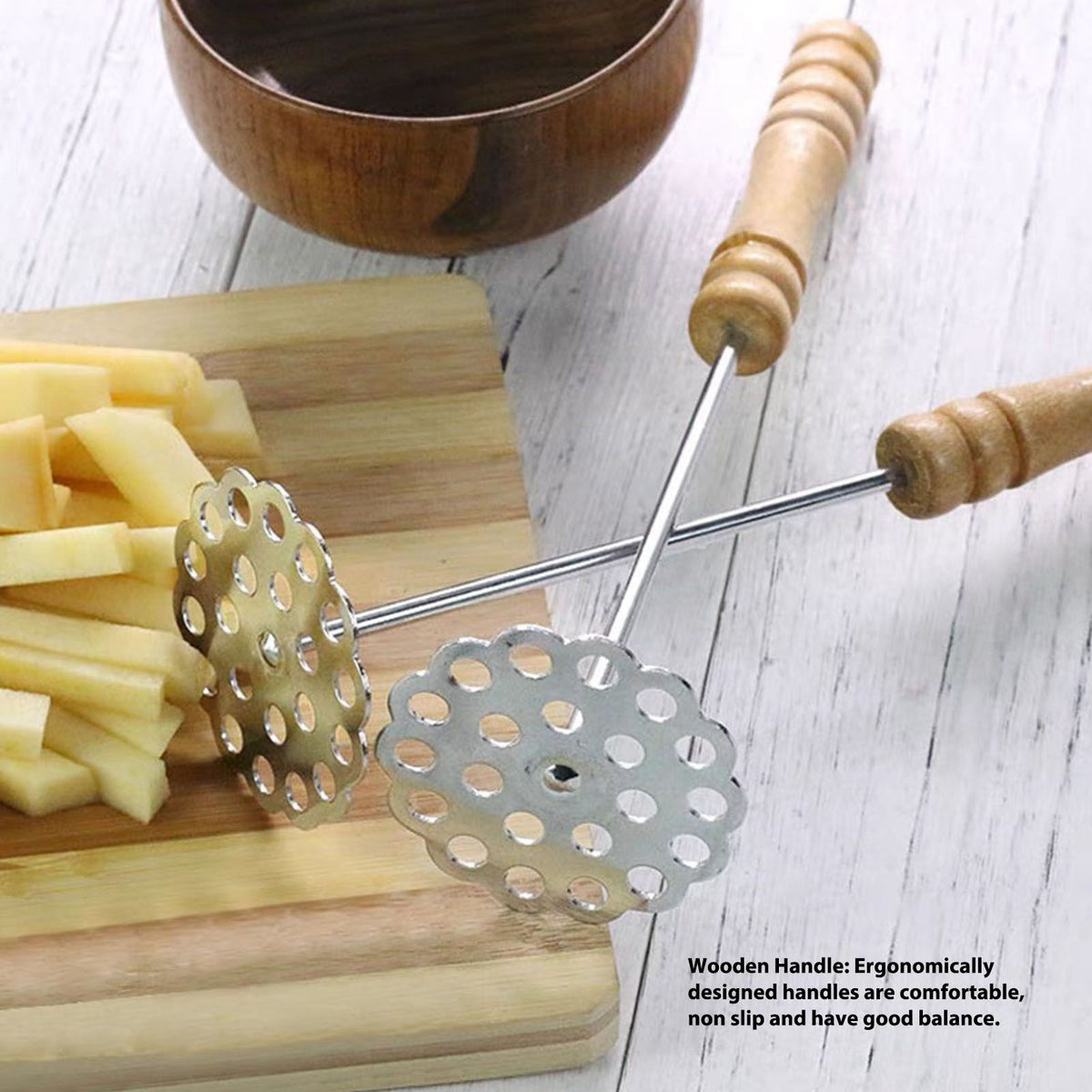 5pcs Potato Masher set with perforated stainless steel heads and turned wooden handles for comfortable grip