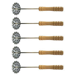 5pcs Potato Masher set with five silver perforated stainless steel heads and light brown wooden handles