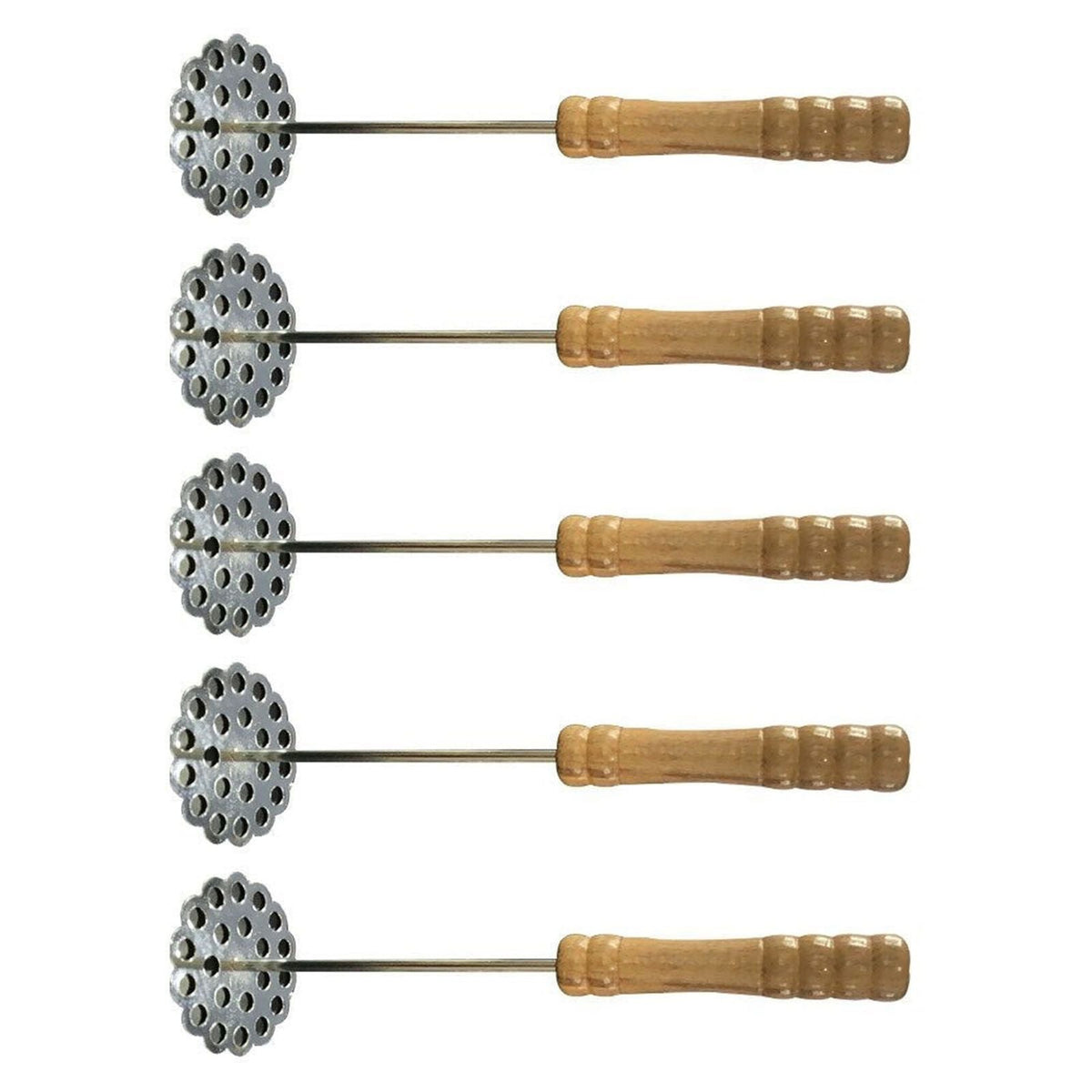 5pcs Potato Masher set with five silver perforated stainless steel heads and light brown wooden handles