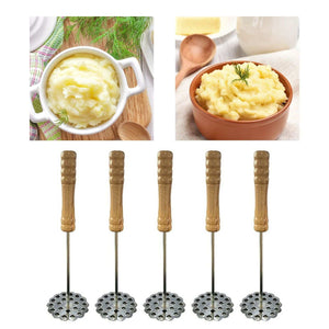 5pcs Potato Masher set with five stainless steel perforated heads and ribbed brown wooden handles