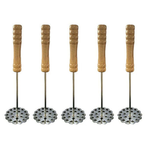 5pcs Potato Masher set with five silver stainless steel perforated heads and ridged brown wooden handles