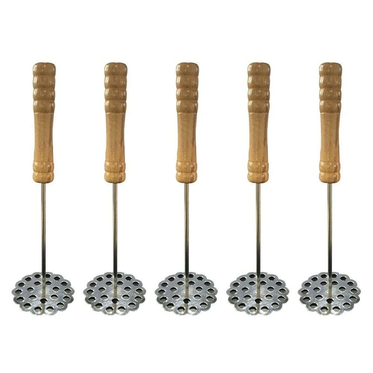 5pcs Potato Masher set with five silver stainless steel perforated heads and ridged brown wooden handles