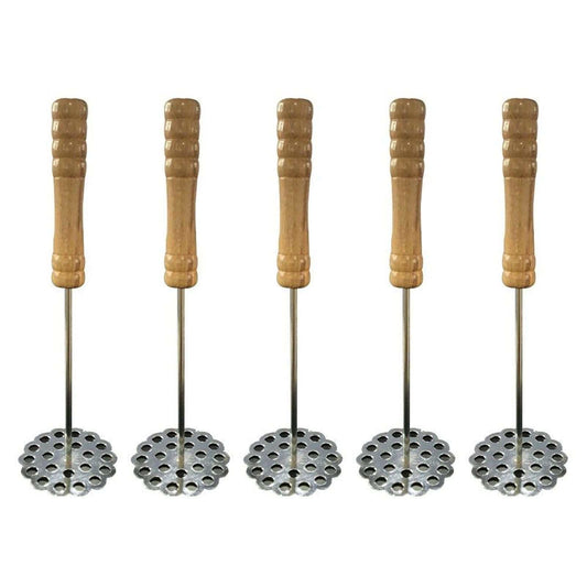 5pcs Potato Masher set with five silver stainless steel perforated heads and ridged brown wooden handles