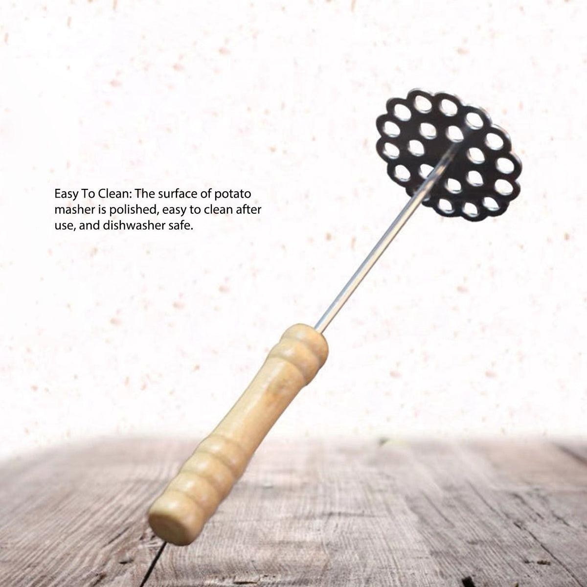 5pcs Potato Masher with a light wooden handle, metal shaft and black perforated stainless steel mashing head