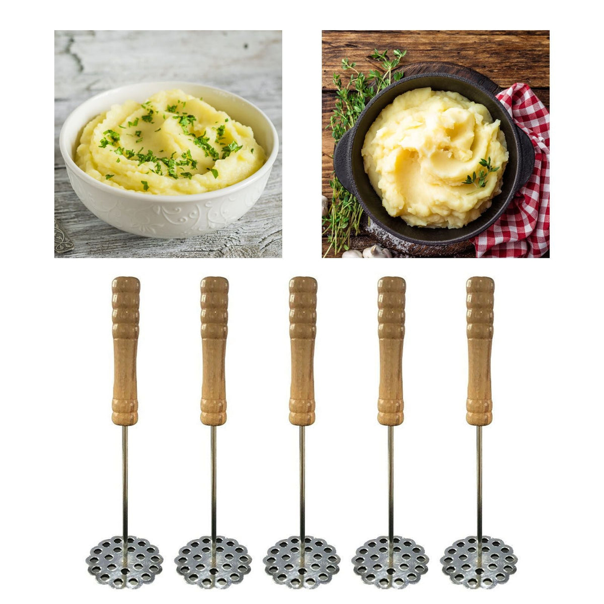 5pcs Potato Masher set of five with ribbed brown wooden handles and round perforated stainless steel mashing plates