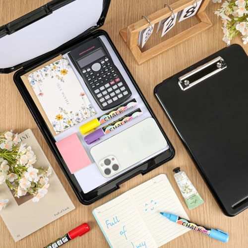 6 Pack Clipboard with Storage featuring a black plastic case, metal clip, compartments and colourful stationery