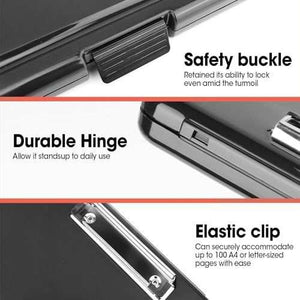 6 Pack Clipboard with Storage featuring a black plastic case, durable hinge, safety buckle and elastic metal clip