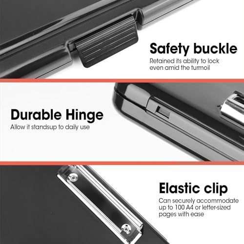 6 Pack Clipboard with Storage featuring a black plastic case, durable hinge, safety buckle and elastic metal clip
