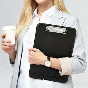 6 Pack Clipboard with Storage, black hard plastic board with a silver spring clip and integrated document compartment