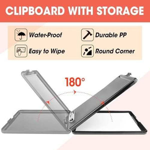 6 Pack Clipboard with Storage, gray durable plastic board with a hinged compartment opening 180 degrees and rounded corners