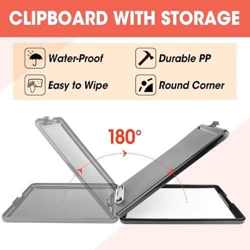 6 Pack Clipboard with Storage, gray durable plastic board with a hinged compartment opening 180 degrees and rounded corners