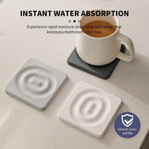 6-Pack Dark Grey Instant Dry diatomite coasters shown as square stone mats, with a dark grey mat beneath a mug
