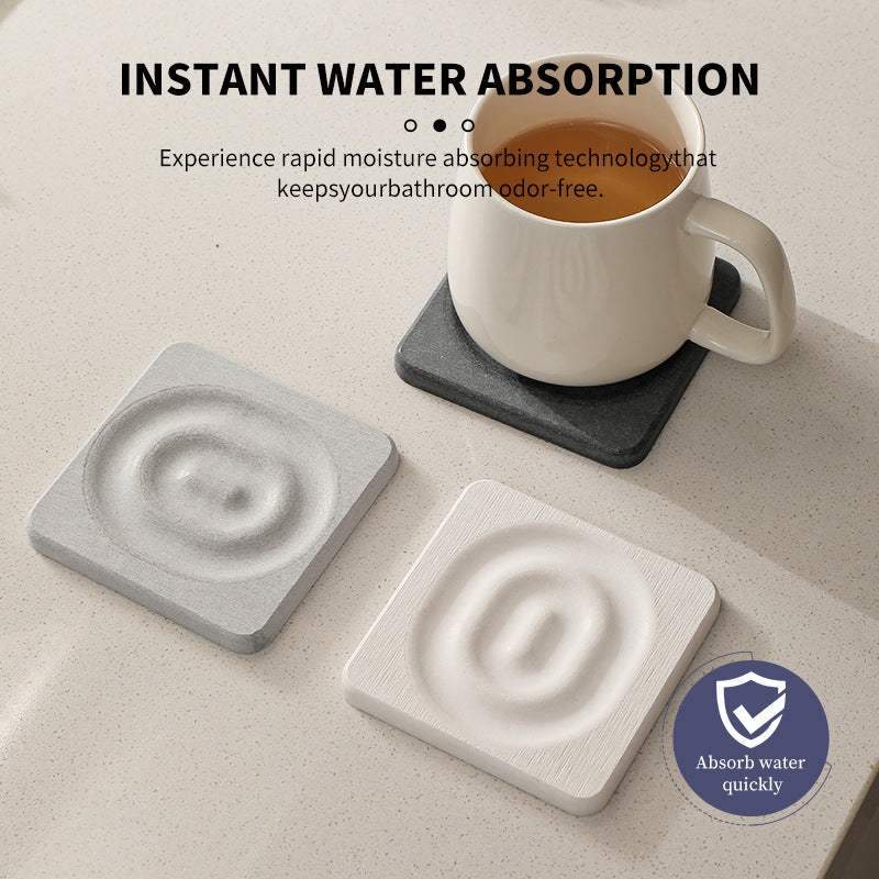 6-Pack Dark Grey Instant Dry diatomite coasters shown as square stone mats, with a dark grey mat beneath a mug