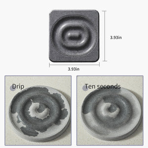 Square dark grey diatomite coaster with a raised concentric ring pattern, shown absorbing a water drip in ten seconds; 6-Pack Dark Grey Instant Dry