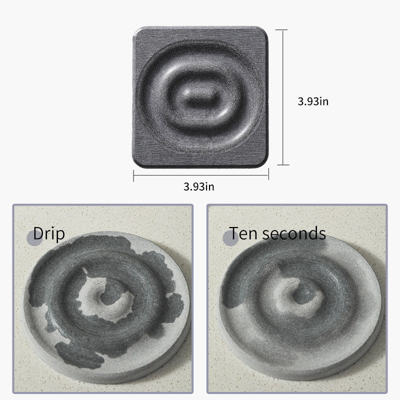 Square dark grey diatomite coaster with a raised concentric ring pattern, shown absorbing a water drip in ten seconds; 6-Pack Dark Grey Instant Dry