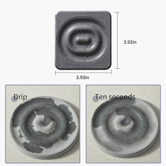 Square dark grey diatomite coaster with a raised concentric ring pattern, shown absorbing a water drip in ten seconds; 6-Pack Dark Grey Instant Dry