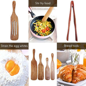6 Pcs Wooden Spurtle Set in natural brown wood, featuring varied spatulas, a slotted utensil and bread tongs