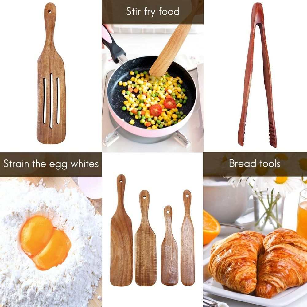 6 Pcs Wooden Spurtle Set in natural brown wood, featuring varied spatulas, a slotted utensil and bread tongs