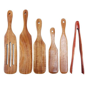 6 Pcs Wooden Spurtle Set in natural wood tones, featuring five flat spatulas and one long wooden bread clip