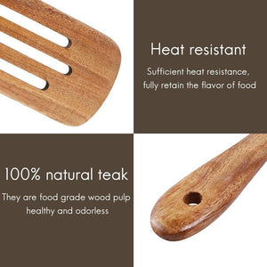 6 Pcs Wooden Spurtle Set in natural brown teak wood, with smooth polished surfaces and slotted and solid utensil ends