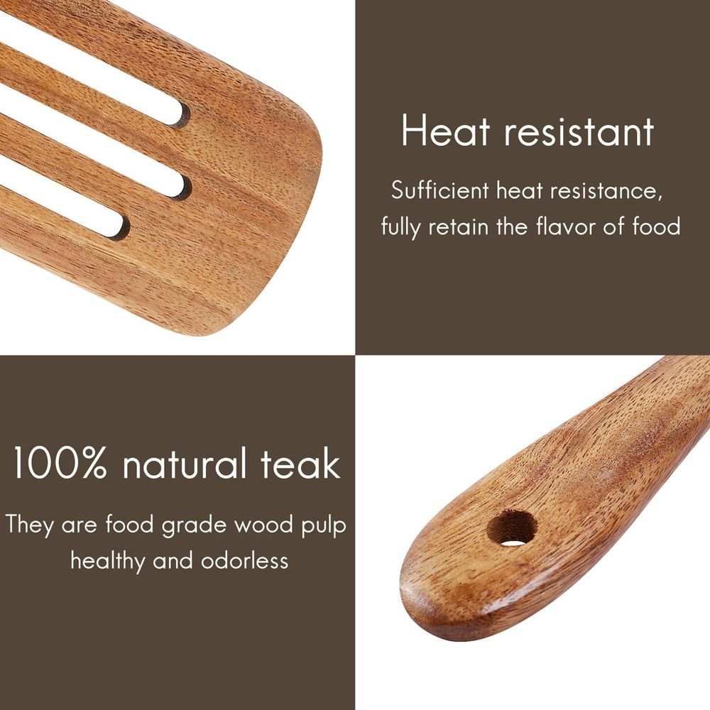 6 Pcs Wooden Spurtle Set in natural brown teak wood, with smooth polished surfaces and slotted and solid utensil ends