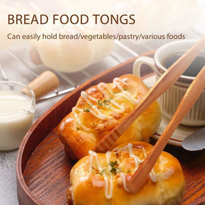 6 Pcs Wooden Spurtle Set with a wood-colored bread tong holding a golden pastry, showing smooth wooden utensils