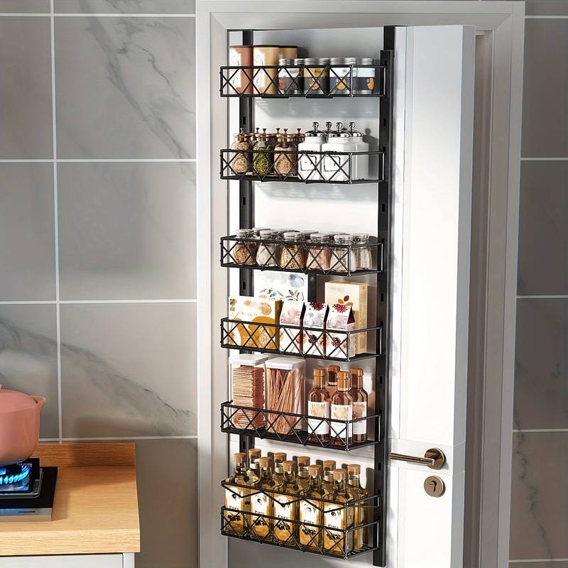 6 Tier Adjustable Baskets over-door organiser in black metal, with six wire baskets holding pantry jars, cans and bottles