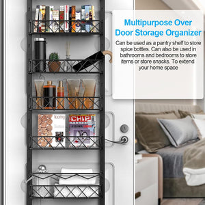 6 Tier Adjustable Baskets over-door organiser in black metal, with six wire shelves holding books, toiletries and household items