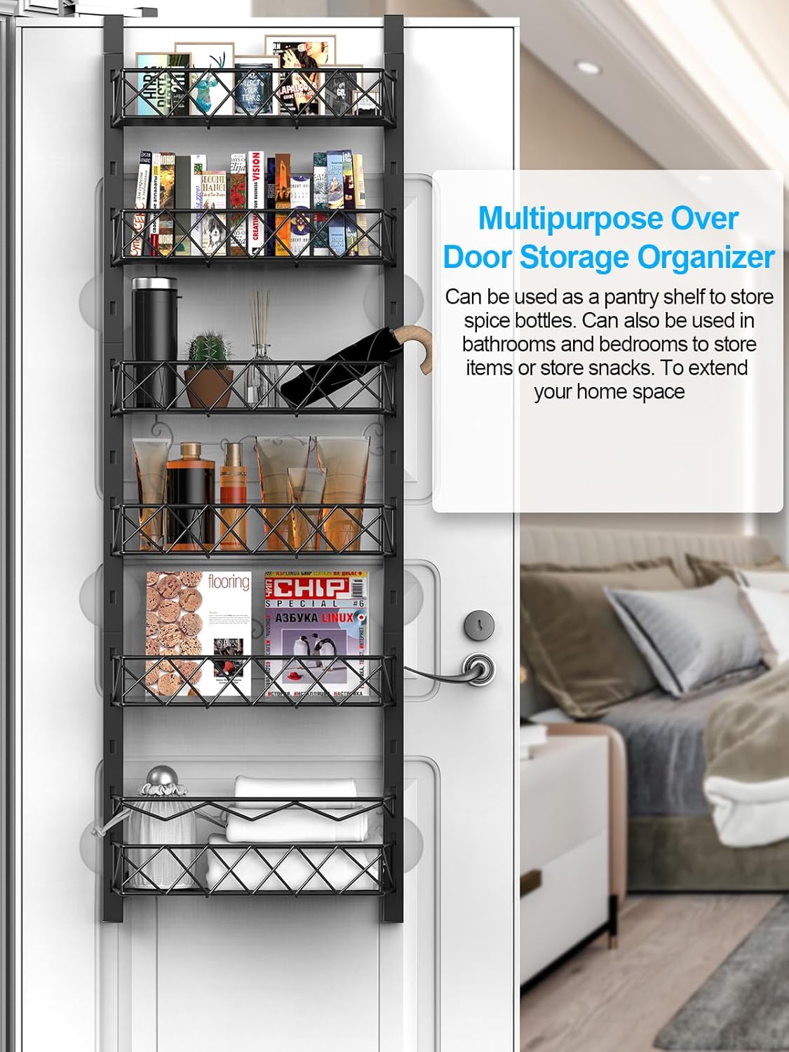 6 Tier Adjustable Baskets over-door organiser in black metal, with six wire shelves holding books, toiletries and household items