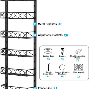 6 Tier Adjustable Baskets over-door organiser in black metal, with six open wire baskets and fence rails.