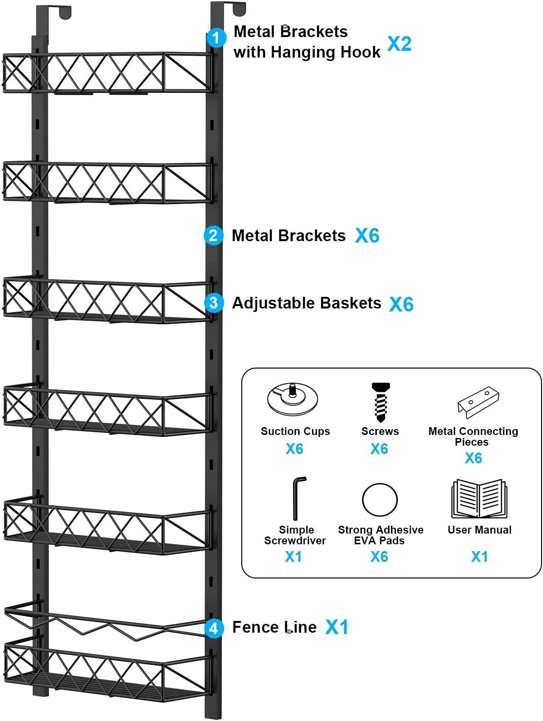 6 Tier Adjustable Baskets over-door organiser in black metal, with six open wire baskets and fence rails.