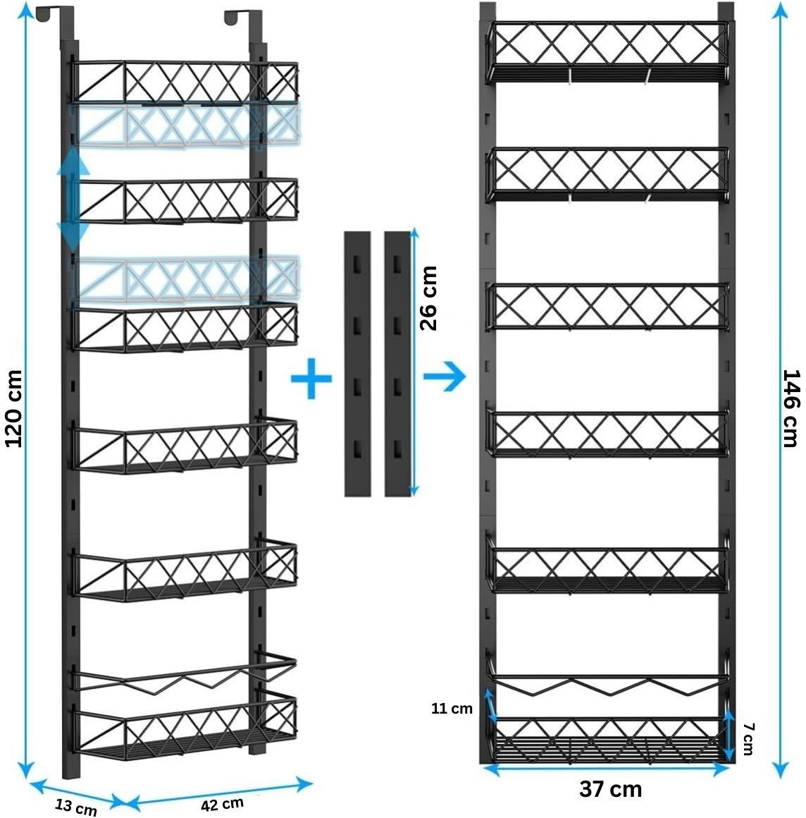 6 Tier Adjustable Baskets over-door organiser in black metal, with six open wire baskets and adjustable mounting rails