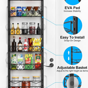 6 Tier Adjustable Baskets pantry organiser in black metal, with six adjustable wire tiers, suction cups and EVA pads