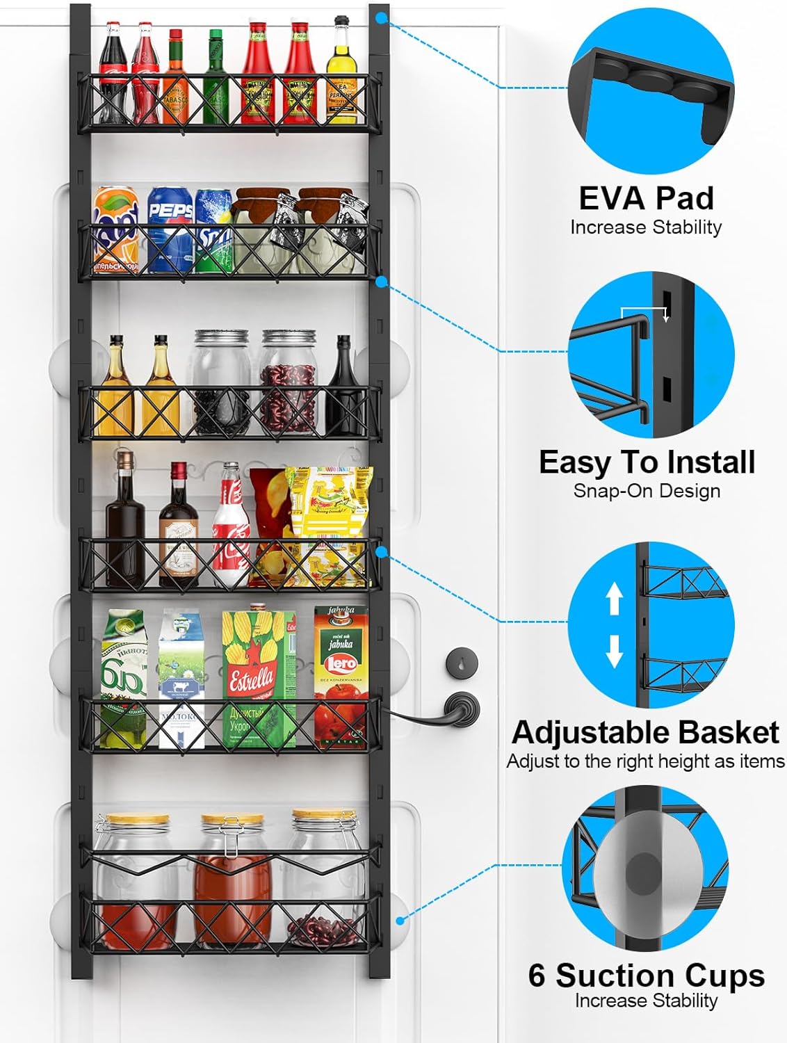 6 Tier Adjustable Baskets pantry organiser in black metal, with six adjustable wire tiers, suction cups and EVA pads
