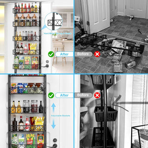 6 Tier Adjustable Baskets over-door pantry organiser in black metal, with six adjustable open baskets and crisscross rails
